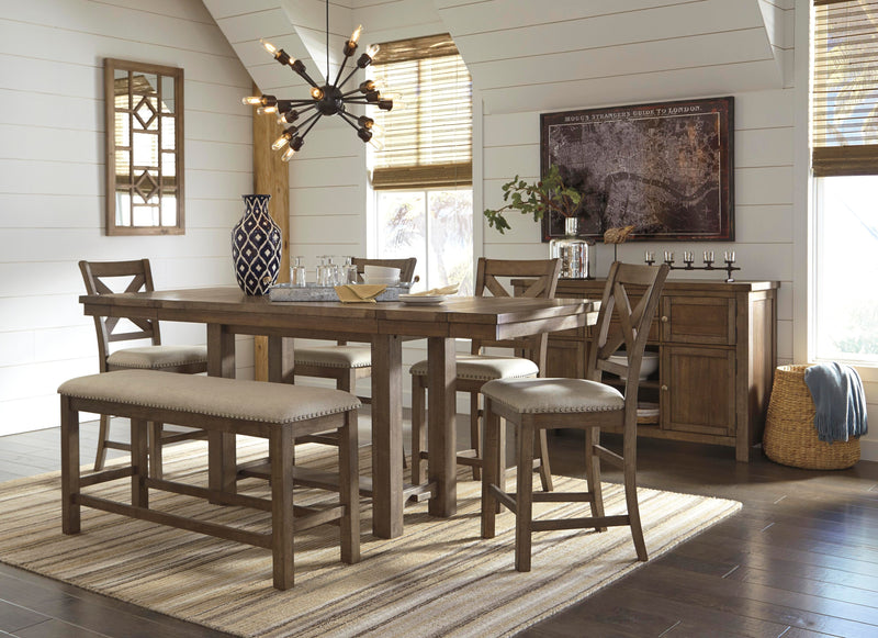 Moriville Grayish Brown Counter Height Dining Table with 4 Barstools, Bench, and Server - D631D4