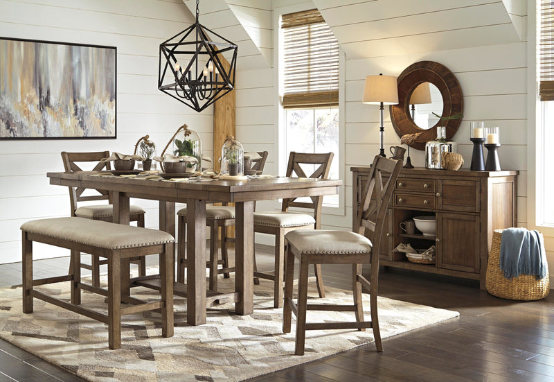 Moriville Grayish Brown Counter Height Dining Table with 4 Barstools, Bench, and Server - D631D4