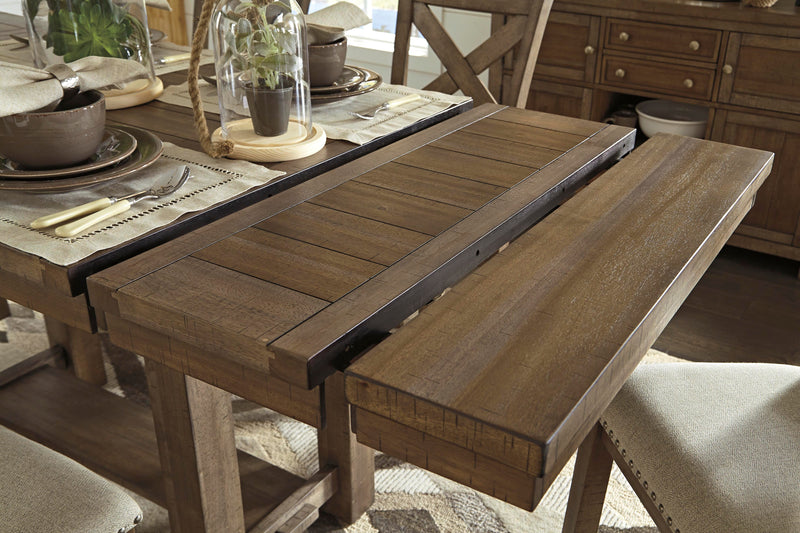Moriville Grayish Brown Counter Height Dining Table with 4 Barstools, Bench, and Server - D631D4