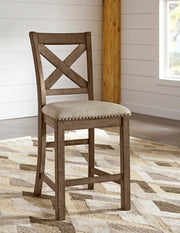 Moriville Grayish Brown Counter Height Dining Table with 4 Barstools, Bench, and Server - D631D4