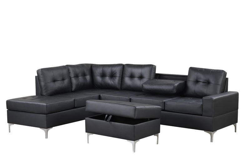 Myers - 2 PC Black Sectional with Storage Ottoman, Metal Legs - S560-Sectional & O-Black-Metal Legs