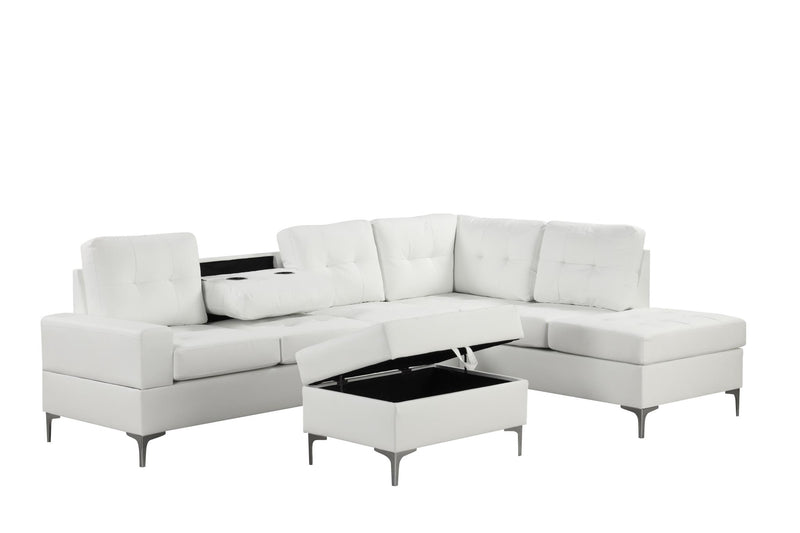 Myers - 2 PC Reversible White Sectional with Drop-Down Table, Cup Holder, Metal Legs - S561-Sectional-White-Metal Legs