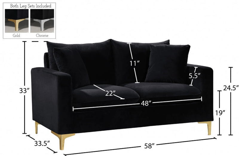 Naomi 58" Velvet Upholstered Loveseat in Black - 633Black-L