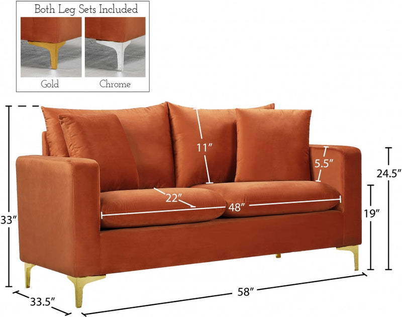 Naomi 58" Velvet Upholstered Loveseat in Cognac - 633Cognac-L