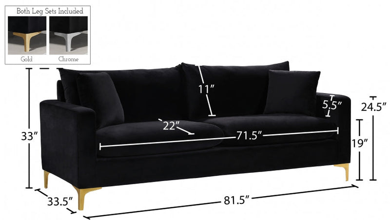 Naomi 81.5" Velvet Upholstered Sofa in Black - 633Black-S