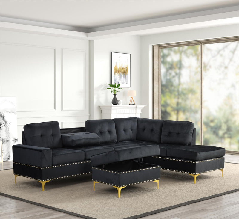 Naples - 2 PC Black Velvet Sectional with Drop Down Table, Cup Holder and Storage Ottoman with Gold Legs - S562-Sectional & O