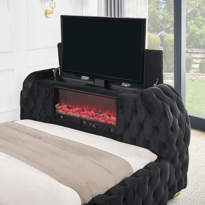 Natalia Black Queen Upholstered Fireplace Bed with TV Lift - Gate FurnitureQueen Bed