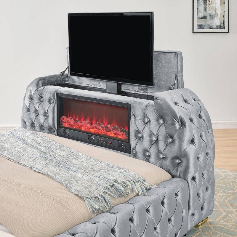 Natalia Gray King Upholstered Fireplace Bed with TV Lift - Gate FurnitureKing Bed