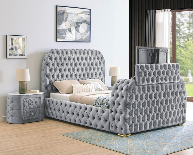 Natalia Gray Queen Upholstered Fireplace Bed with TV Lift - Gate FurnitureQueen Bed