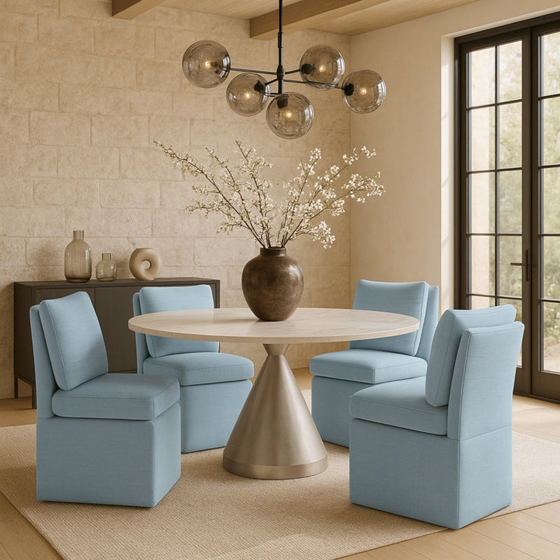 Nelori Linen Textured Performance Fabric Upholstered Dining Chair in Light Blue, Set of 2 - 11097LtBlu-C