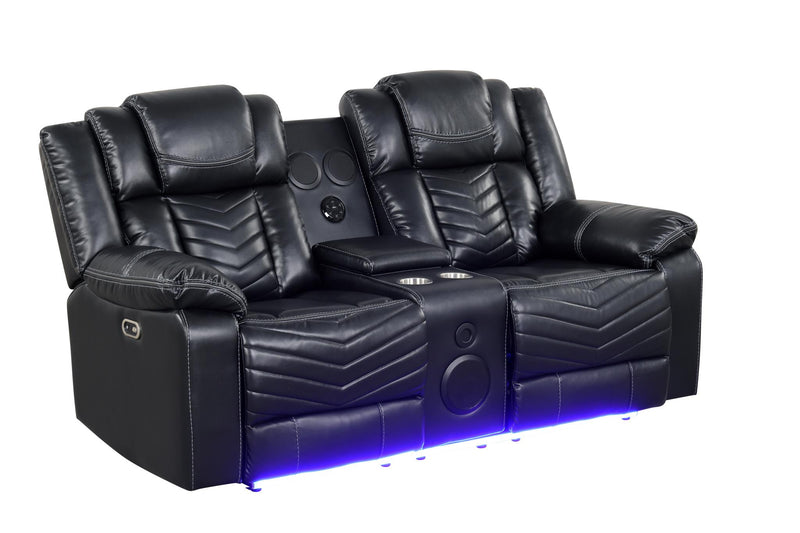 Newnan - Black Power Recliner Loveseat with Console, Bluetooth Speaker, Subwoofer, Built-in Tube LED Light, Cup Holder, USB Charger, Zero Gravity - L680-L