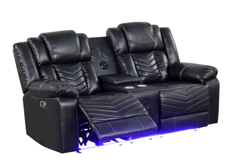Newnan - Black Power Recliner Loveseat with Console, Bluetooth Speaker, Subwoofer, Built-in Tube LED Light, Cup Holder, USB Charger, Zero Gravity - L680-L