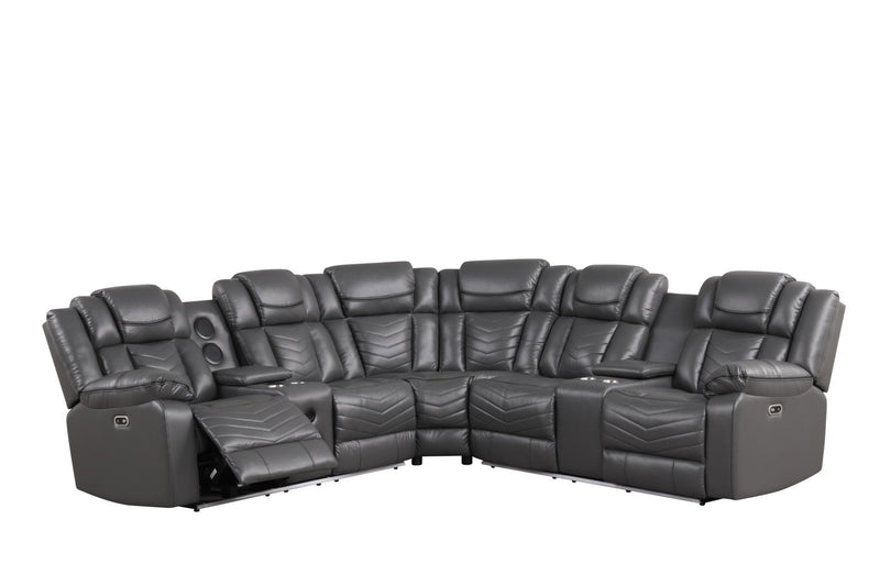 Newnan - Gray Power Recliner Sectional with Bluetooth Speaker, Subwoofer, Storage Console, Tube LED, Cup Holder, USB Charger, Zero Gravity - S471-Sectional