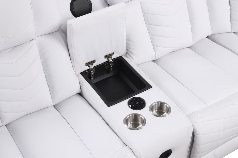 Newnan - White Power Recliner Sectional with Bluetooth Speaker, Subwoofer, Storage Console, Tube LED, Cup Holder, USB Charger, Zero Gravity - S472-Sectional