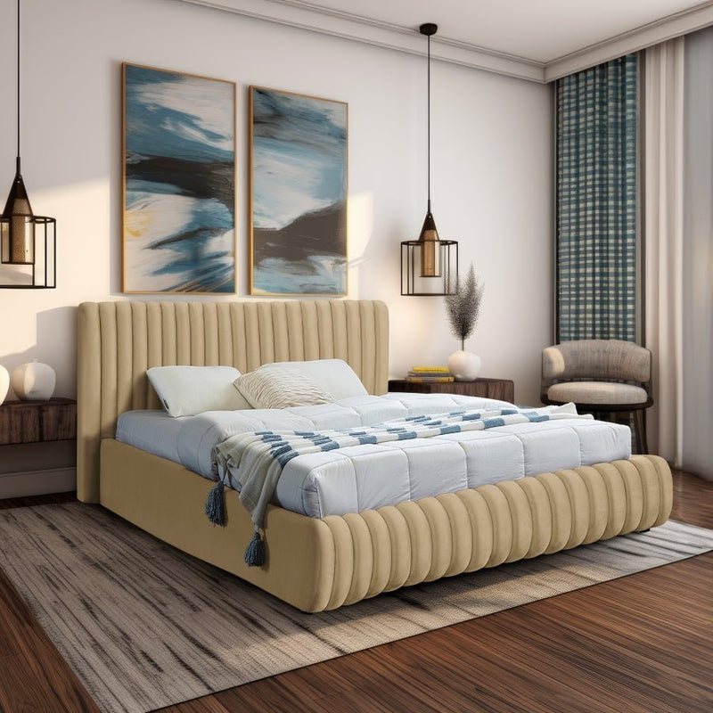 Nico Velvet King Bed Camel - Gate FurnitureKing Bed