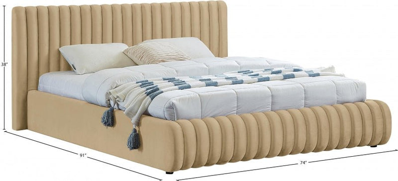 Nico Velvet Queen Bed Camel - Gate FurnitureQueen Bed