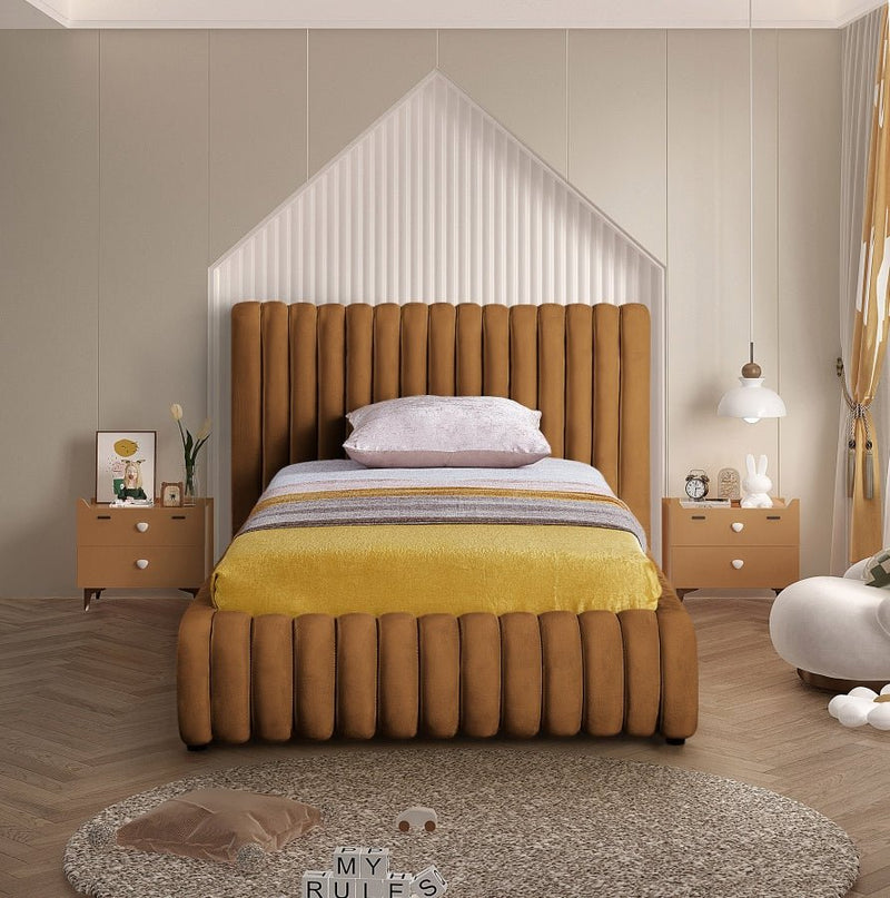 Nico Velvet Twin Bed Saddle - Gate FurnitureTwin Bed