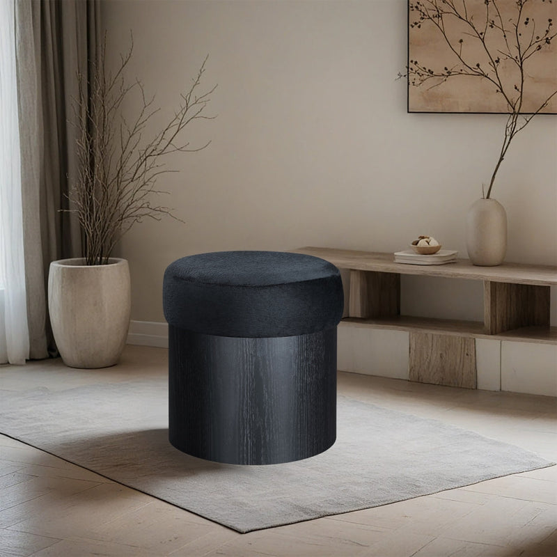 Nimes Velour Fur Fabric Upholstered Ottoman in Black - 22078Black