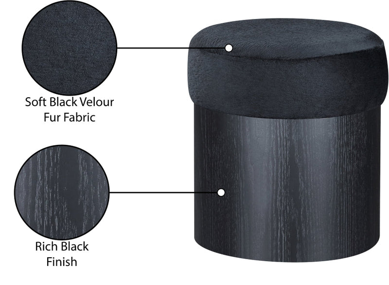 Nimes Velour Fur Fabric Upholstered Ottoman in Black - 22078Black