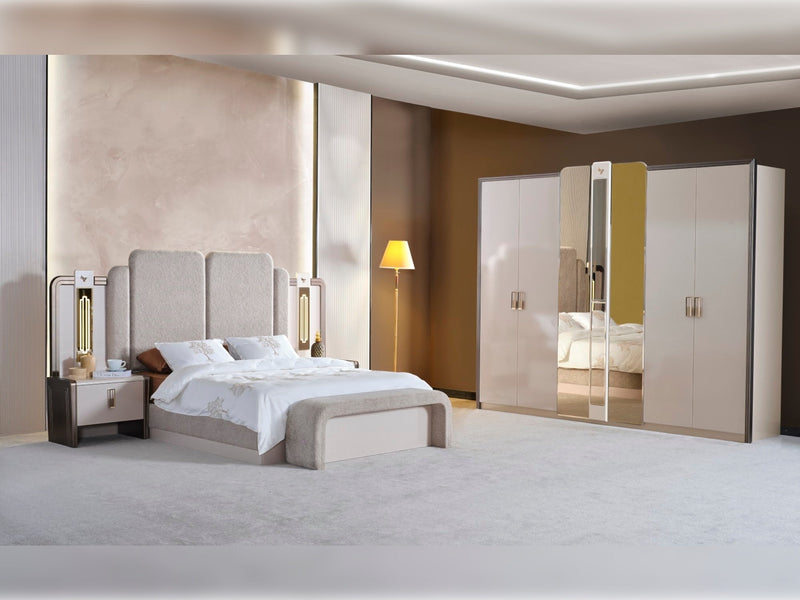 Nirvana Bedroom (Bed & Dresser With Mirror & Bench & Ottoman & 2 Nightstand & Wardrobe) - King - 120-NIR-KB-SET-1