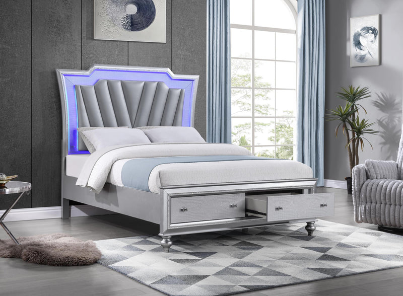 Nottingham - Silver Upholstered Headboards Queen Bed with Storage Footboard and LED Light - B207-Q-Bed