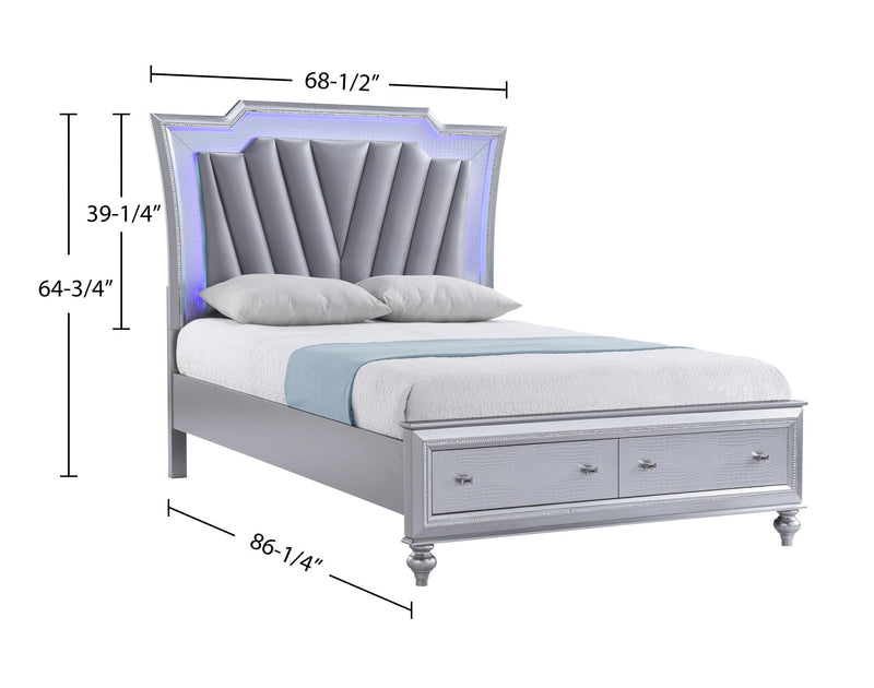 Nottingham - Silver Upholstered Headboards Queen Bed with Storage Footboard and LED Light - B207-Q-Bed