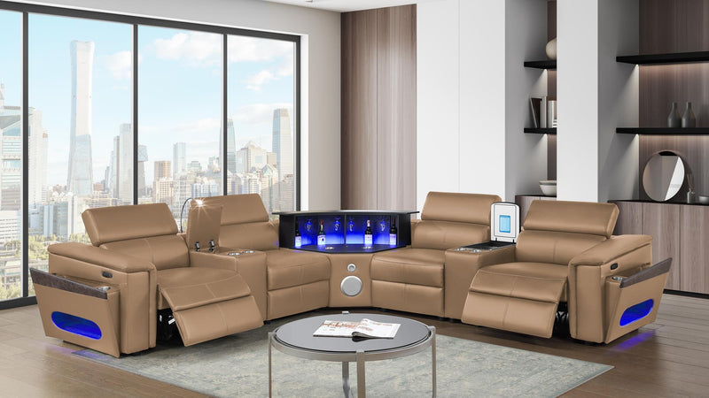 Nova Sectional with 2 Consoles (Reading Light + Fridge) - Caramel - Nova Sectional with 2 Consoles (Reading Light + Fridge) - Caramel
