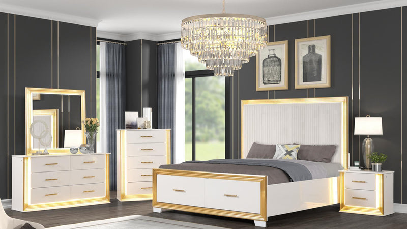 Obsession Queen 5 Pc Bedroom Set in White & Gold - Obsession Queen 5 Pc Bedroom Set in White & Gold