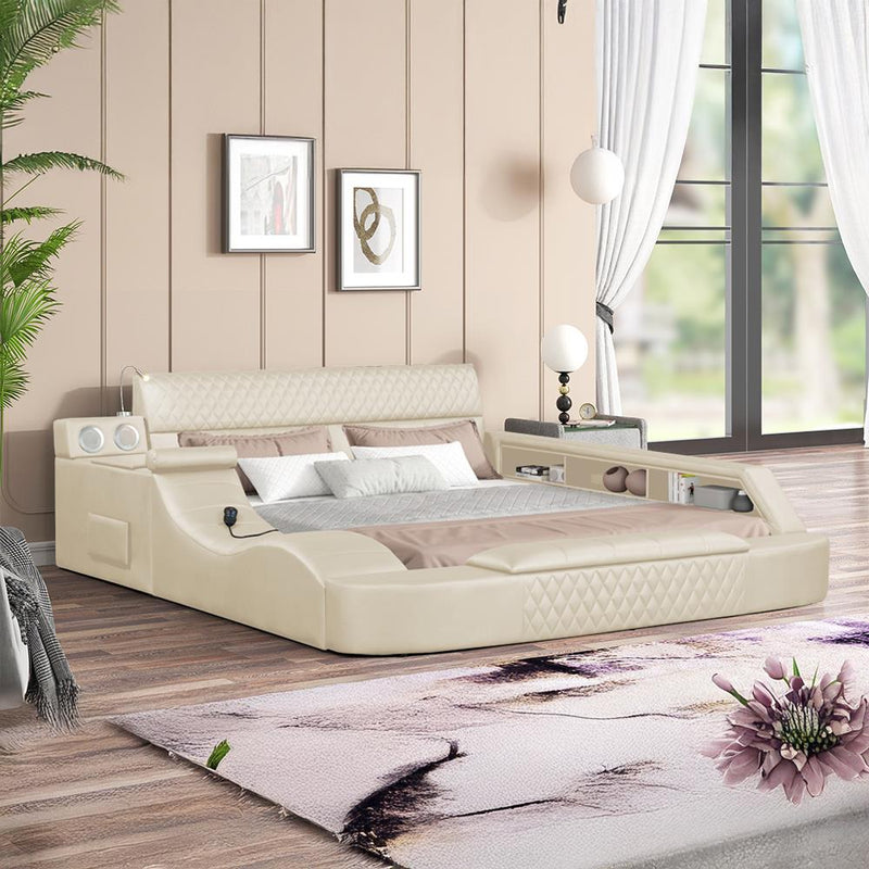 Odessa - Cream Upholstered King Bed with Massage chaise, Bluetooth Speaker, Side Storage, Storage Footboard - B117-K-Bed