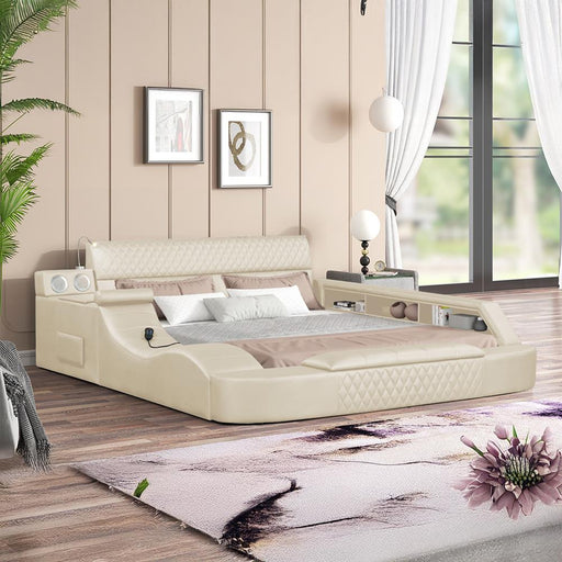Odessa - Cream Upholstered Queen Bed with Massage chaise, Bluetooth Speaker, Side Storage, Storage Footboard - B117-Q-Bed