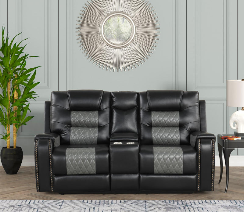 Ohio - Black & Gray Manual Recliner Loveseat with Storage Console, Power Source and Cup Holder - L647-L
