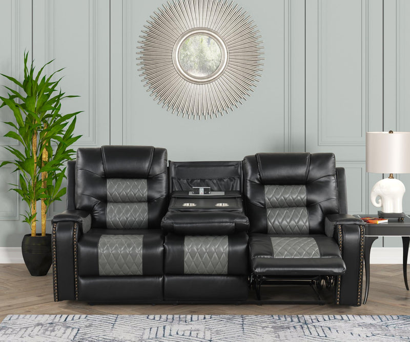 Ohio - Black & Gray Manual Recliner Sofa with Drop-Down Table, Wireless Charger, Power Source, USB Charger and Cup Holder - L647-S