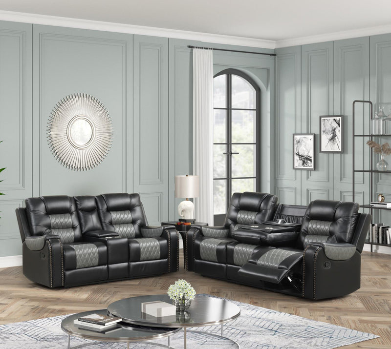 Ohio - Black & Gray Manual Recliner Sofa with Drop-Down Table, Wireless Charger, Power Source, USB Charger and Cup Holder - L647-S