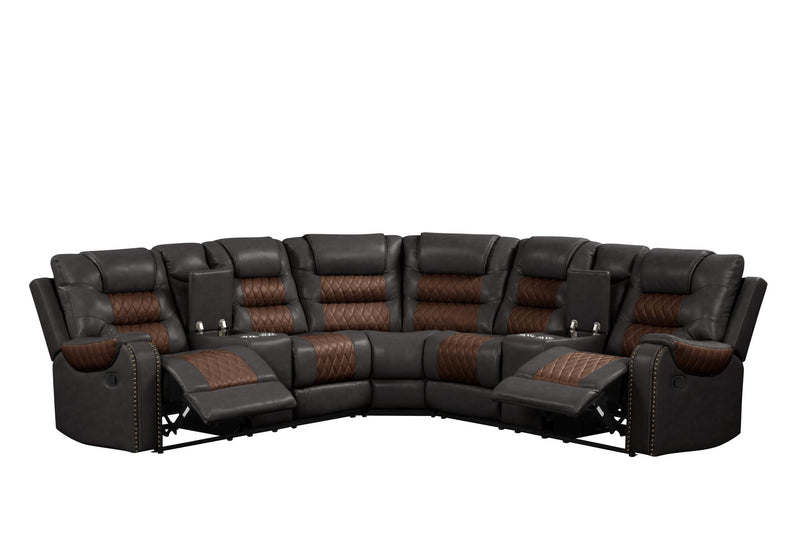 Ohio - Brown & Brown Manual Recliner Sectional with Storage Console, Power Source, USB Charger, Cup Holder - S646-Sectional