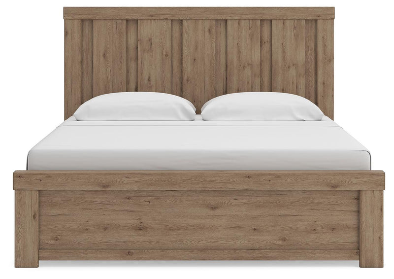 Oliandon King Panel Bed, Dresser, Mirror and Chest in Light Brown - PKG025186