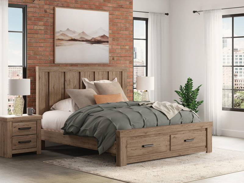Oliandon King Panel Storage Bed, Chest and Nightstand in Light Brown - PKG025209