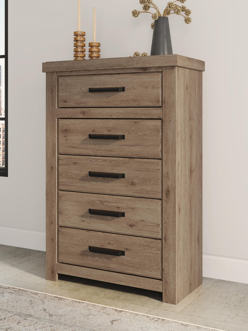 Oliandon King Panel Storage Bed, Chest and Nightstand in Light Brown - PKG025209