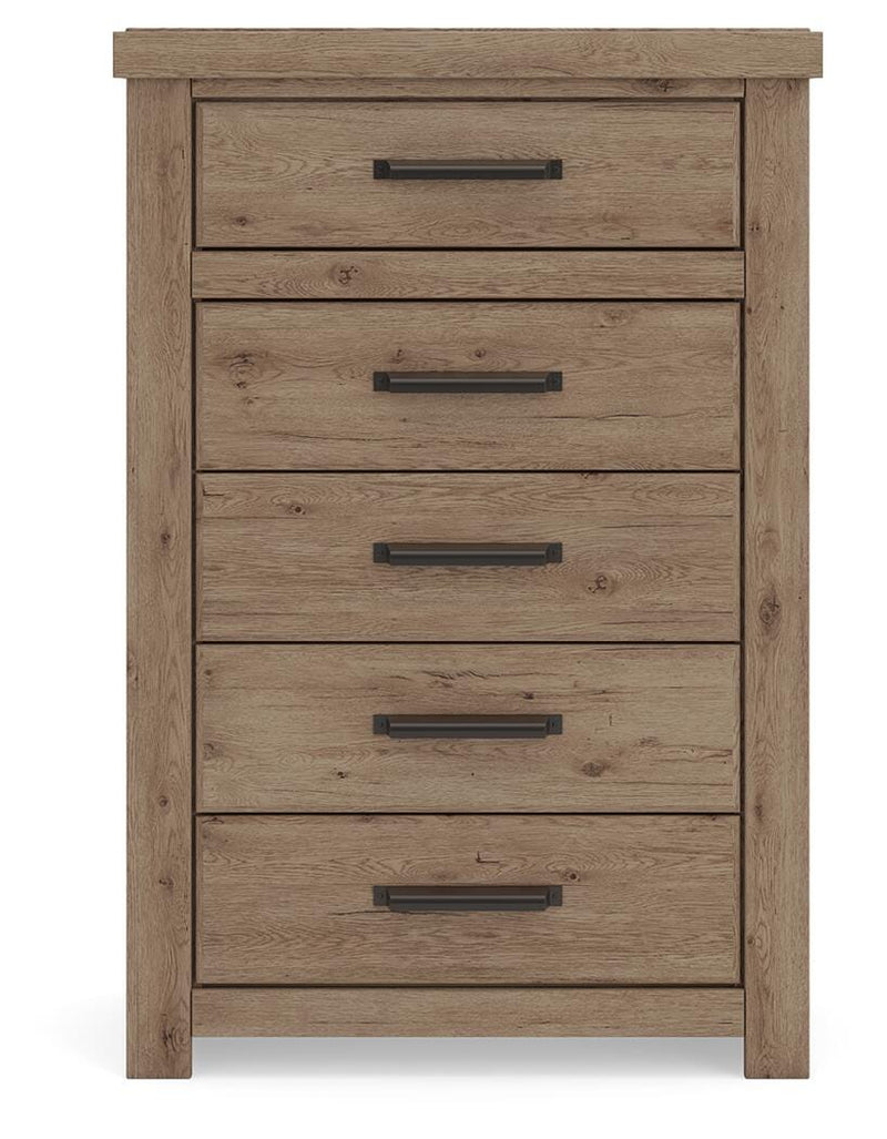 Oliandon King Panel Storage Bed, Chest and Nightstand in Light Brown - PKG025209