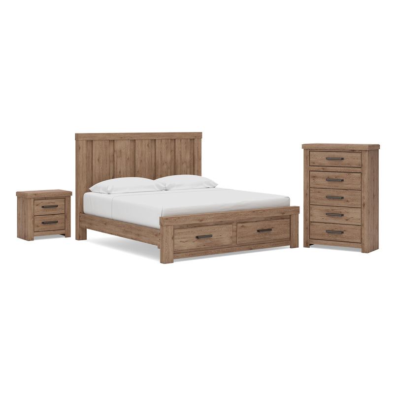 Oliandon King Panel Storage Bed, Chest and Nightstand in Light Brown - PKG025209