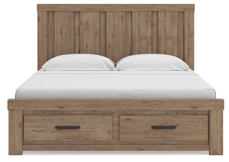 Oliandon King Panel Storage Bed, Chest and Nightstand in Light Brown - PKG025209