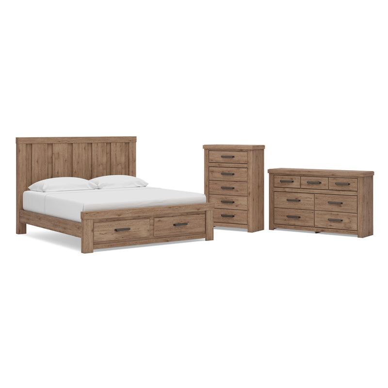 Oliandon King Panel Storage Bed, Dresser and Chest in Light Brown - PKG025208