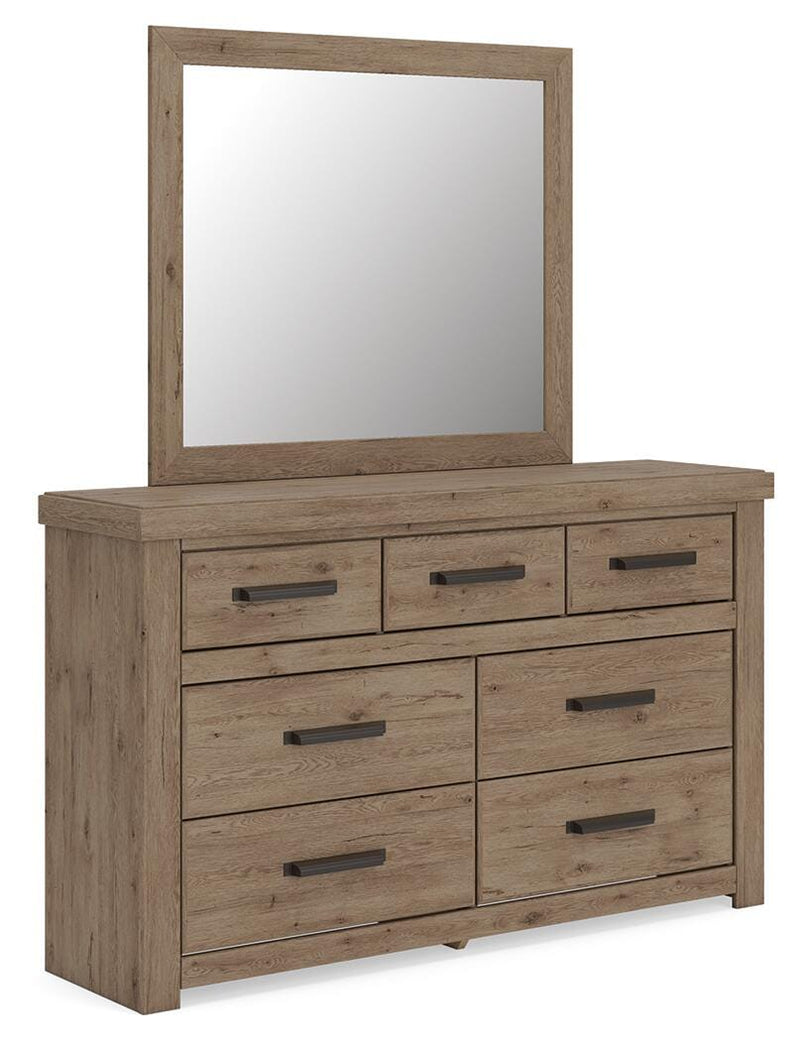 Oliandon King Panel Storage Bed, Dresser and Mirror in Light Brown - PKG025207