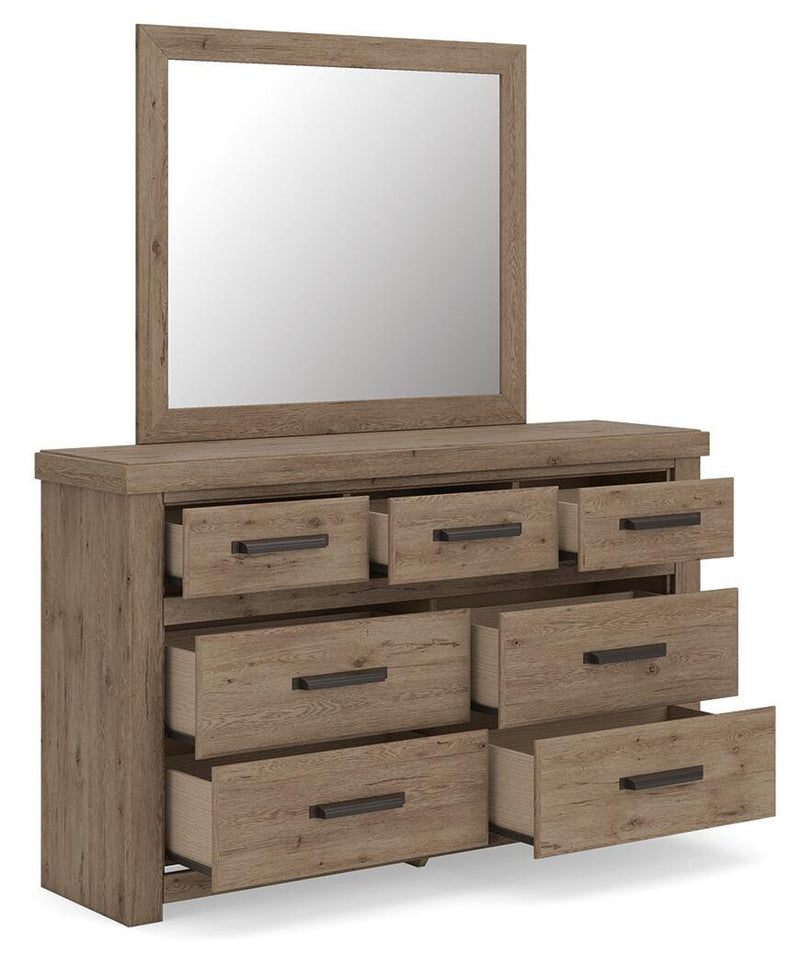 Oliandon King Panel Storage Bed, Dresser and Mirror in Light Brown - PKG025207