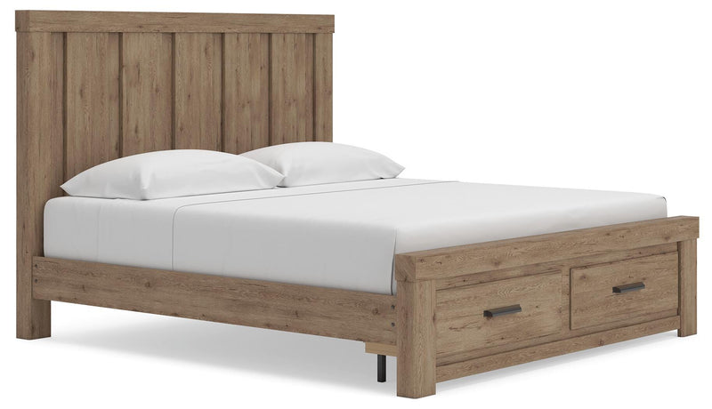 Oliandon King Panel Storage Bed, Dresser and Mirror in Light Brown - PKG025207