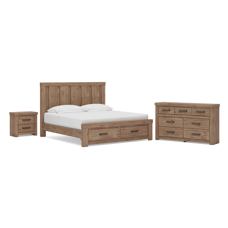 Oliandon King Panel Storage Bed, Dresser and Nightstand in Light Brown - PKG025214