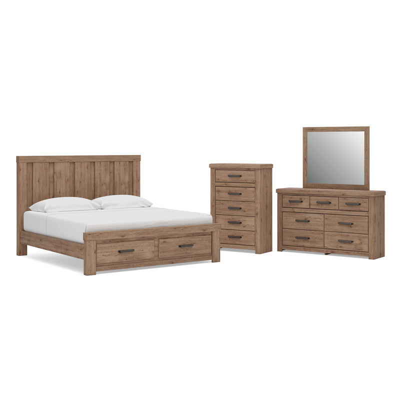 Oliandon King Panel Storage Bed, Dresser, Mirror and Chest in Light Brown - PKG025211