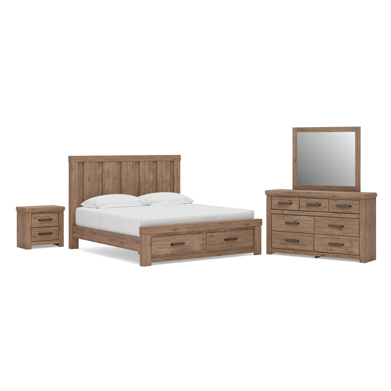 Oliandon King Panel Storage Bed. Dresser, Mirror and Nightstand in Light Brown - PKG025210