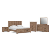 Oliandon King Panel Storage Bed, Dresser, Mirror, Chest and Nightstand in Light Brown - PKG025212