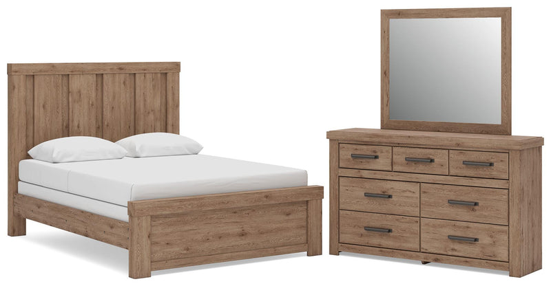 Oliandon Queen Panel Bed, Dresser and Mirror in Light Brown - PKG025157