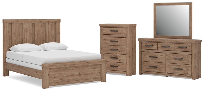 Oliandon Queen Panel Bed, Dresser, Mirror and Chest in Light Brown - PKG025166